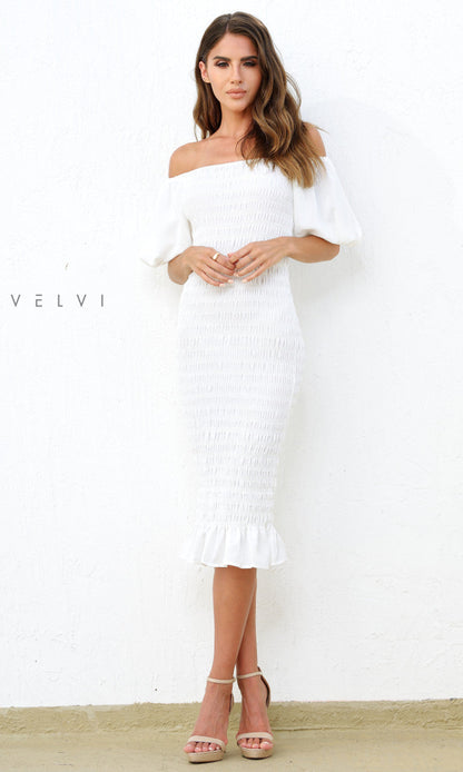 Skyla Shirred Midi Dress WHITE