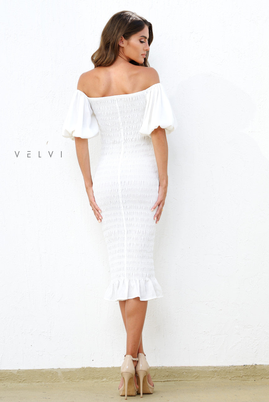 Skyla Shirred Midi Dress WHITE