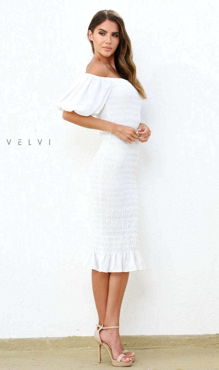 Skyla Shirred Midi Dress WHITE