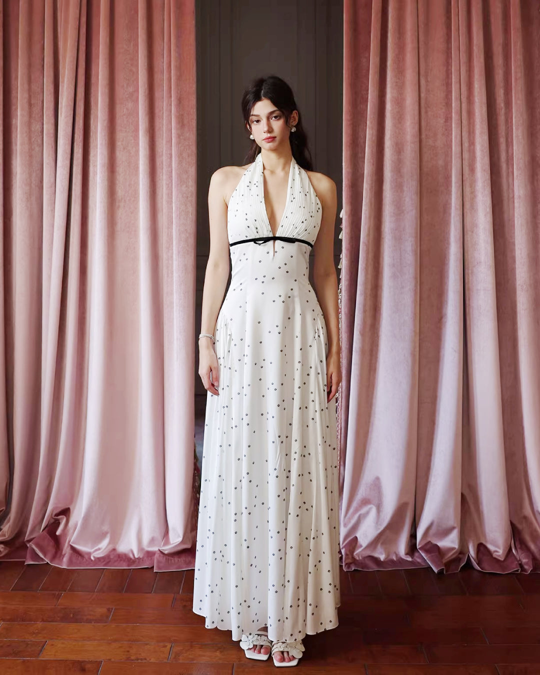 Solada Polka Dot Halter Maxi Dress White