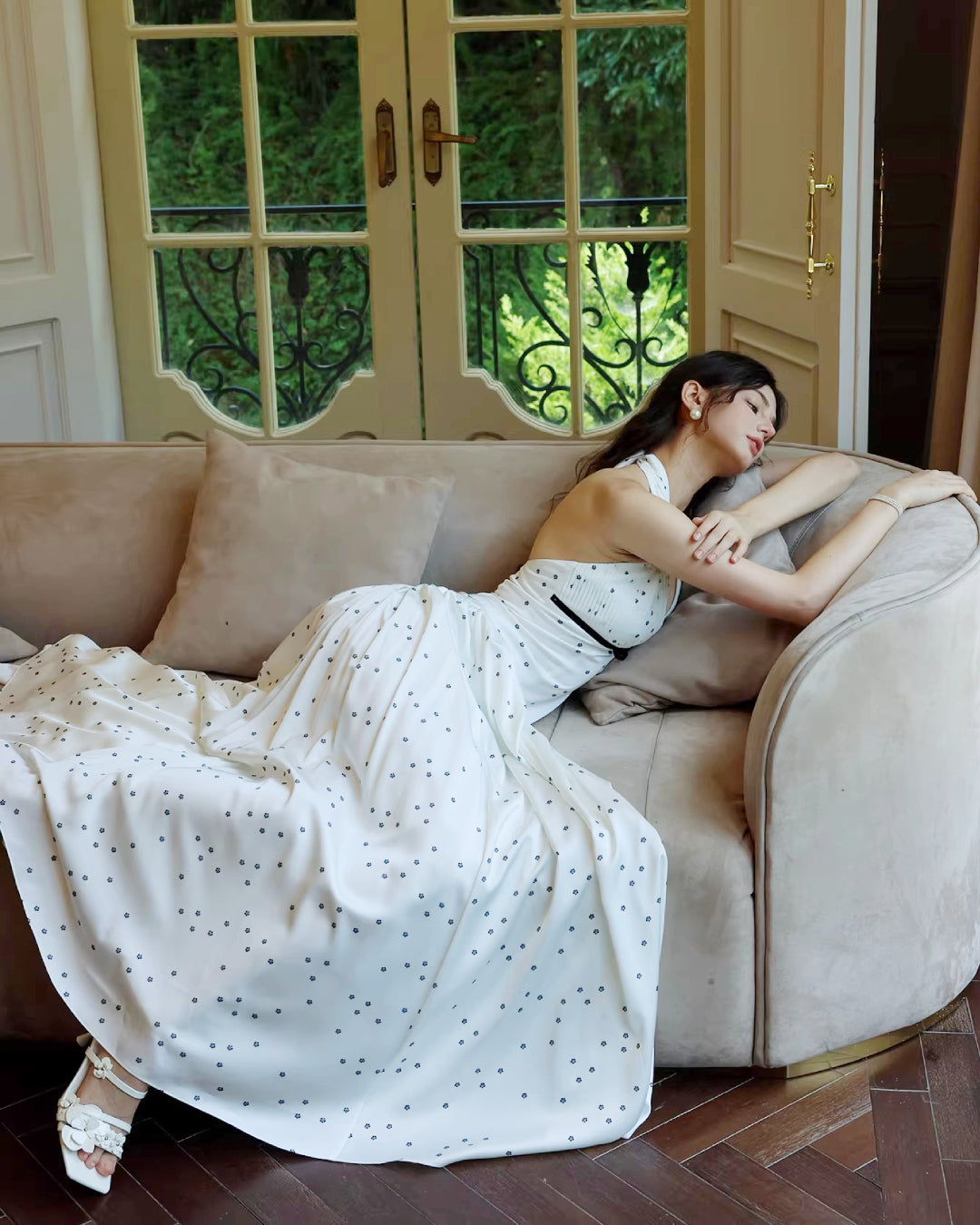 Solada Polka Dot Halter Maxi Dress White