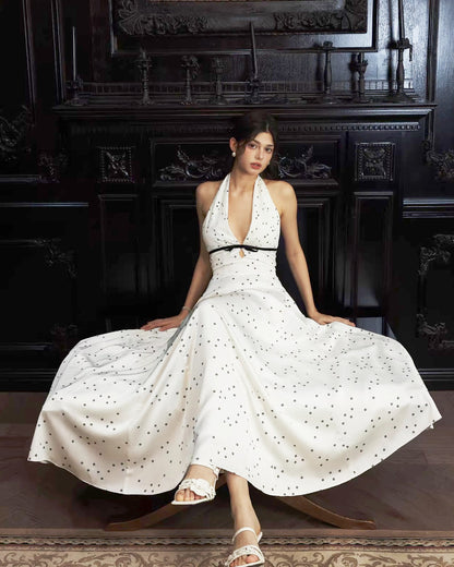 Solada Polka Dot Halter Maxi Dress White