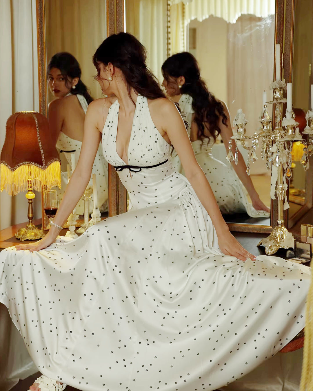 Solada Polka Dot Halter Maxi Dress White