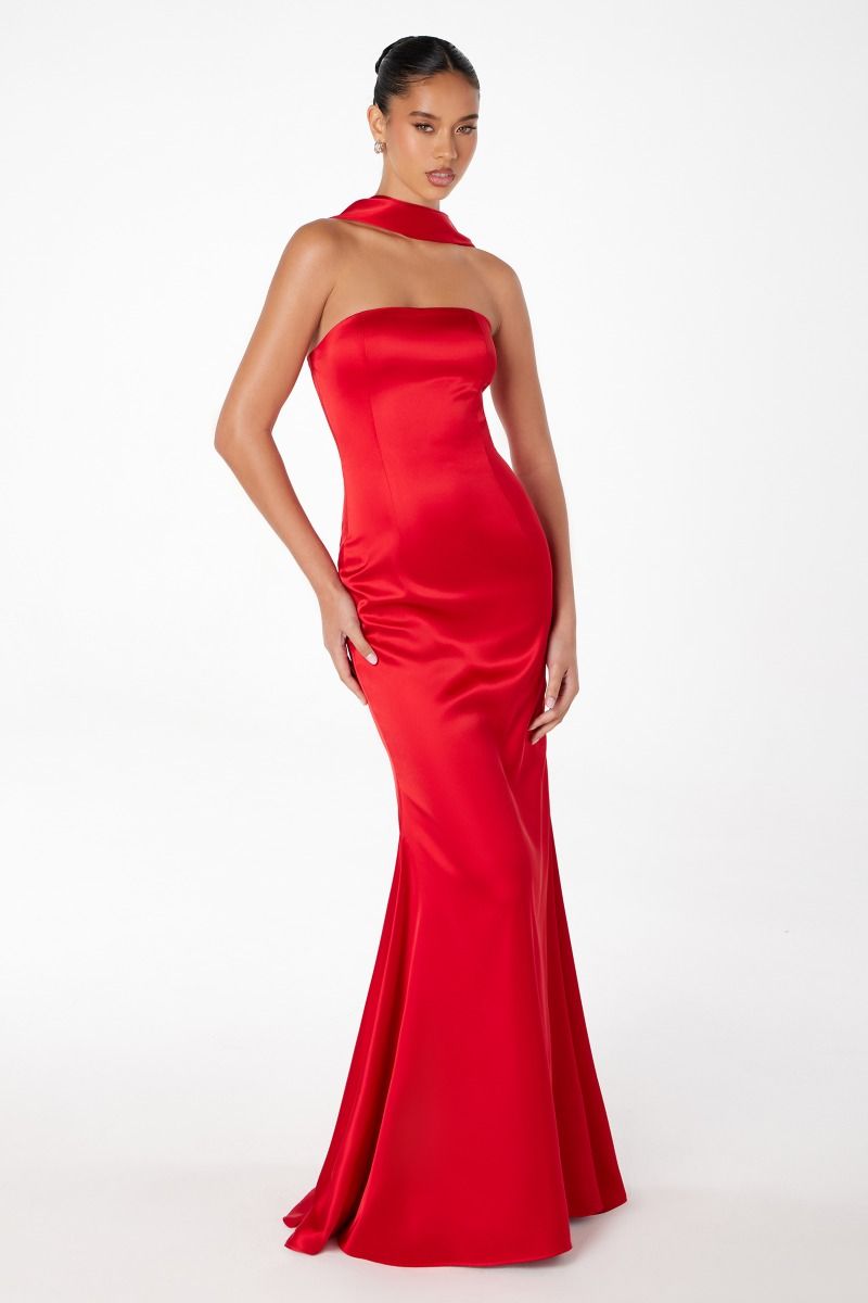 Brynn Maxi Dress Strapless Fitted Satin Dress With Scarf