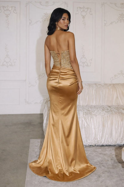 Stetson Sequin & Satin Strapless Gown With Choker