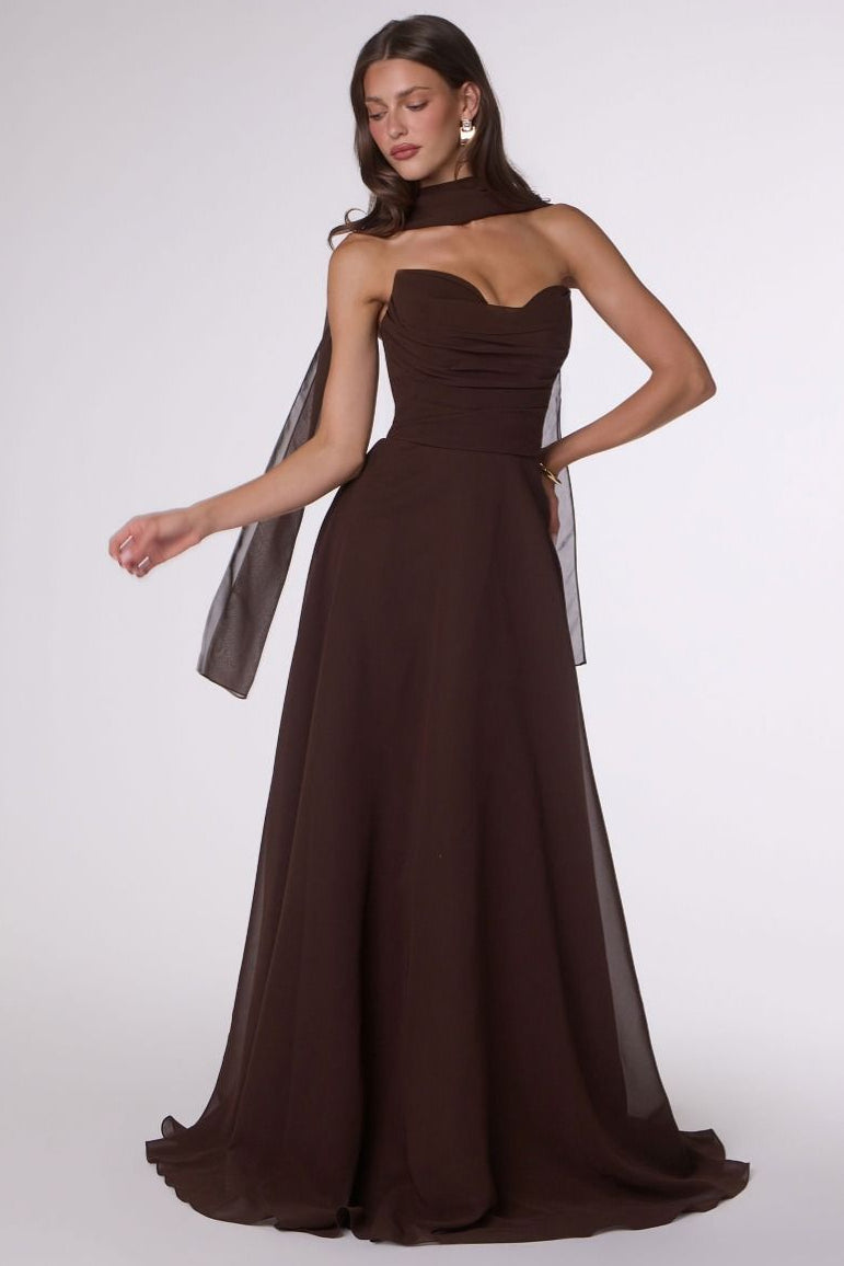 Ella Gown A- Strapless Chiffon Dress With Scarf