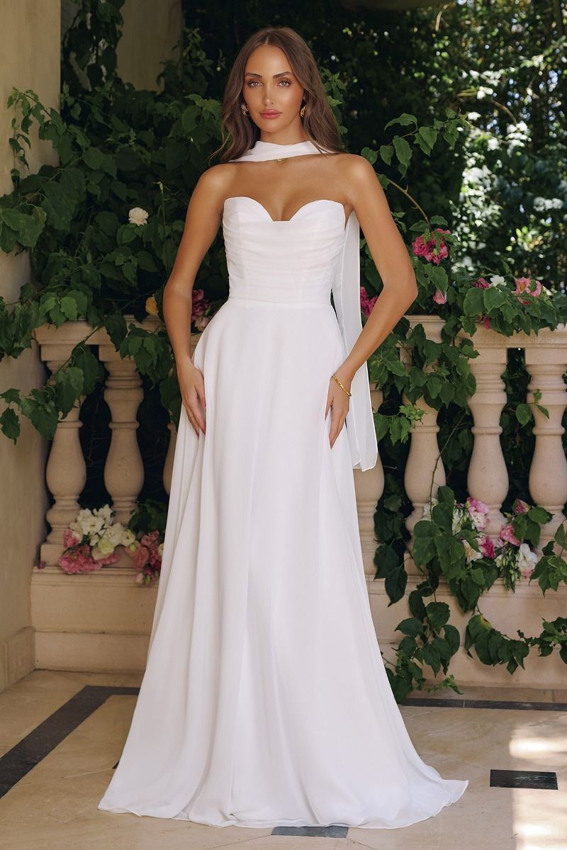 Ella Gown A- Strapless Chiffon Dress With Scarf Off White