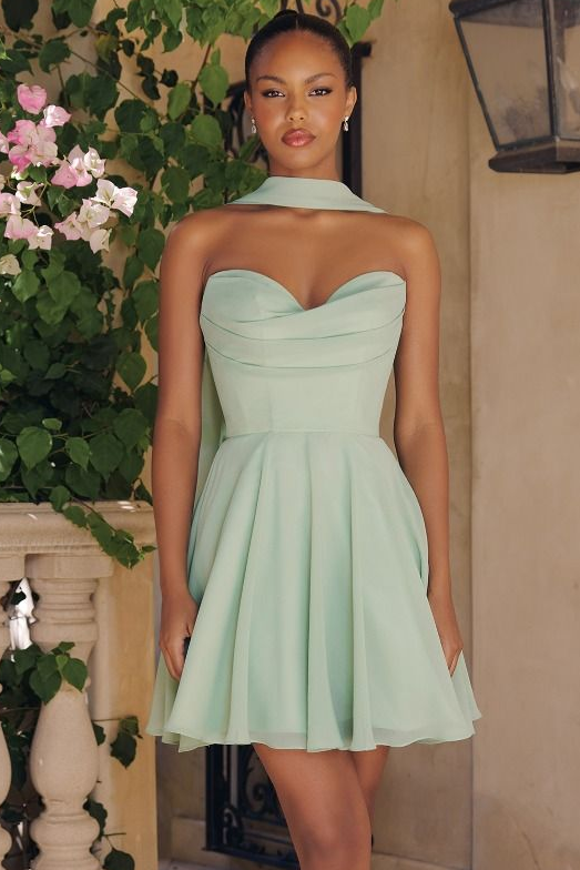 Ella Mini Dress A- Strapless Chiffon Cocktail Dress With Scarf