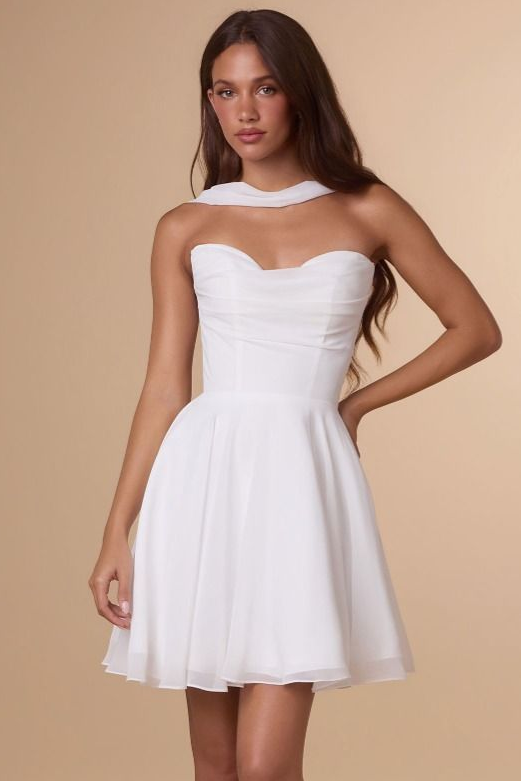 Ella Mini Dress Off White A- Strapless Chiffon Dress With Scarf