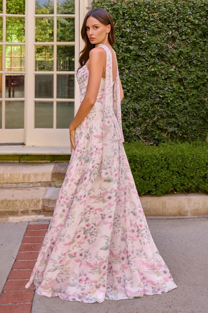 PINK FLORAL MEADOWS GOWN STRAPLESS A- CHIFFON GOWN WITH SCARF