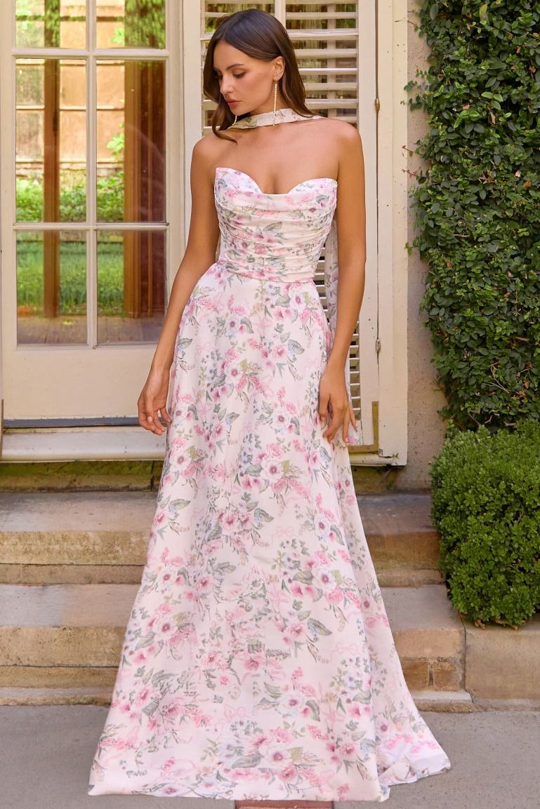 PINK FLORAL MEADOWS GOWN STRAPLESS A- CHIFFON GOWN WITH SCARF