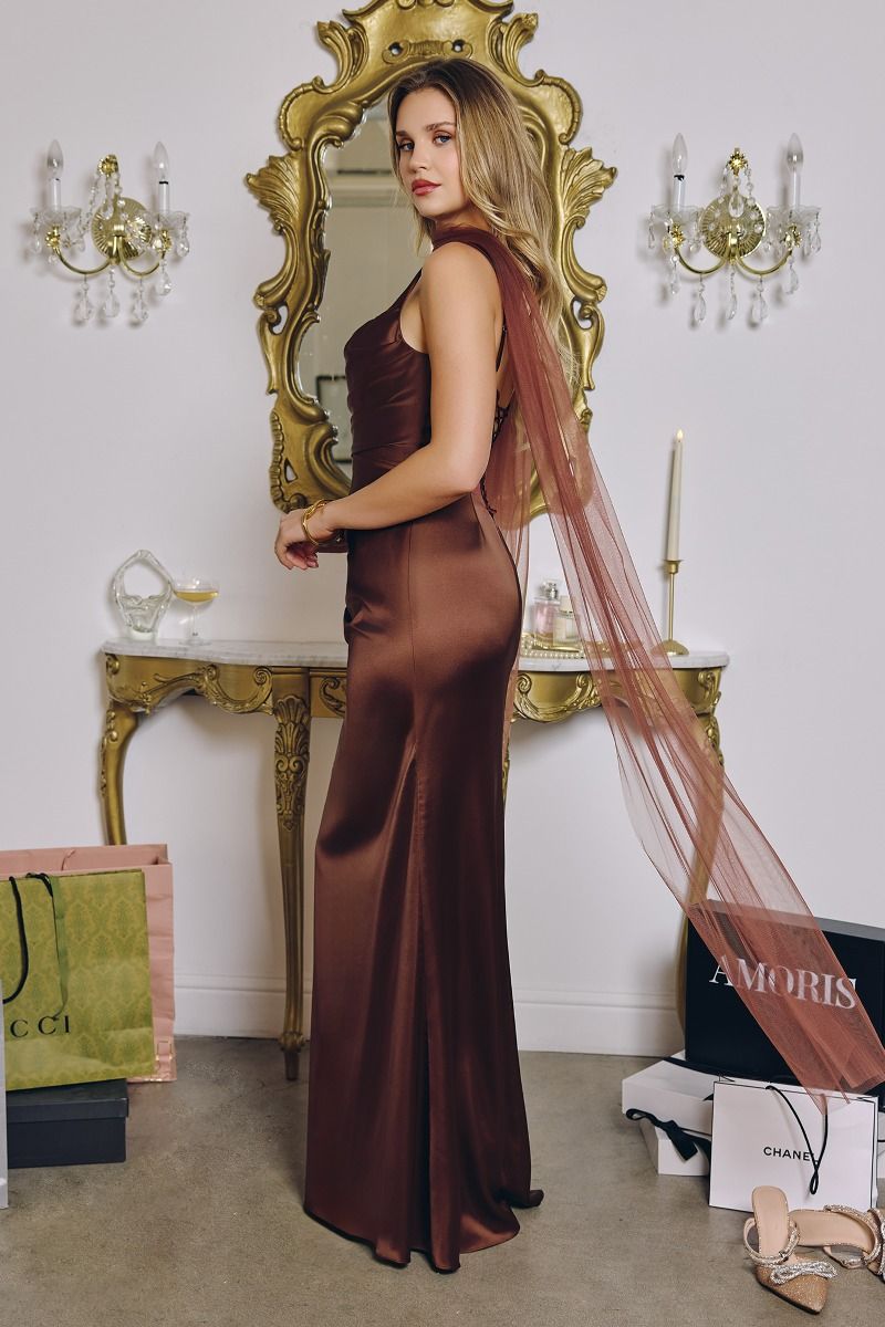 Toby Maxi Satin Dress with Lace Up Back & Scarf