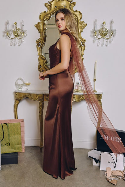Toby Maxi Satin Dress with Lace Up Back & Scarf