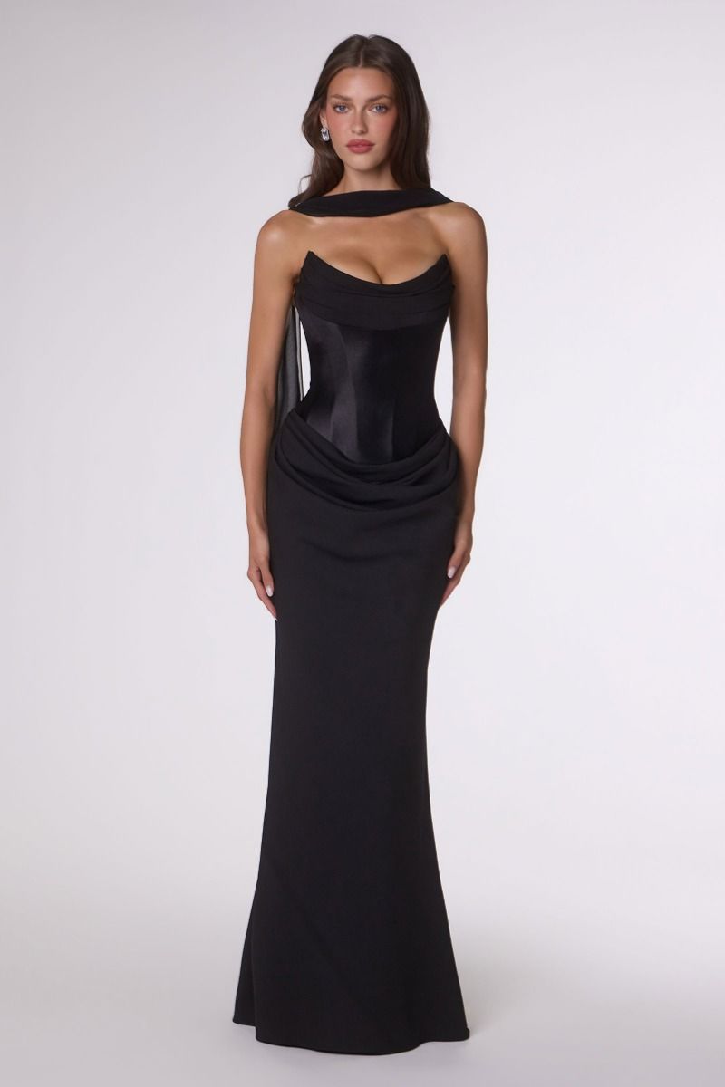 Camdyn Gown Satin & Crepe Corset Dress With Scarf