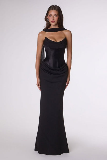 Camdyn Gown Satin & Crepe Corset Dress With Scarf