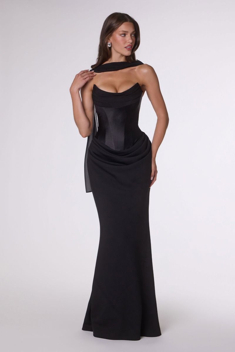 Camdyn Gown Satin & Crepe Corset Dress With Scarf