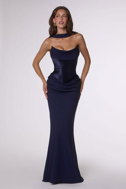Camdyn Gown Satin & Crepe Corset Dress With Scarf