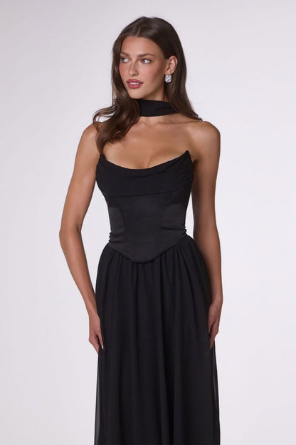 Reese Gown Satin & Chiffon Dress With Scarf
