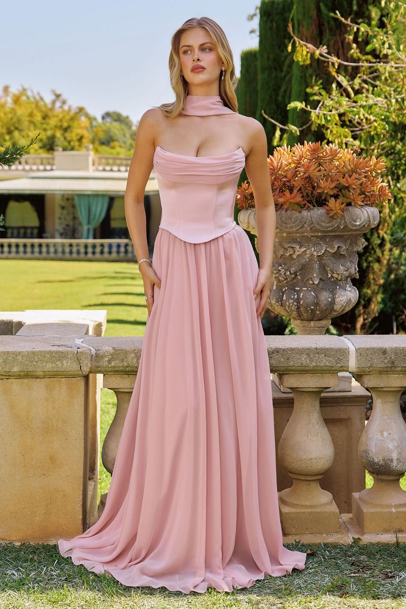 Reese Gown Satin & Chiffon Dress With Scarf