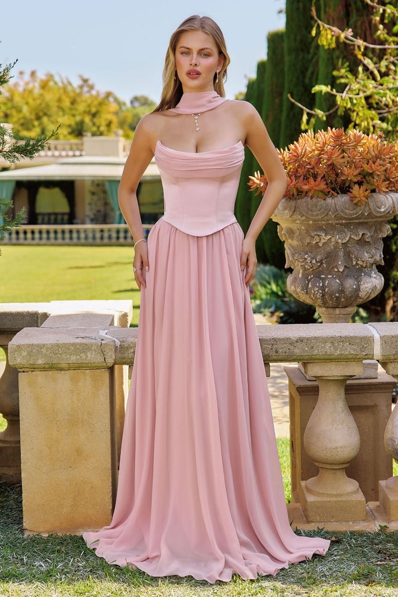 Reese Gown Satin & Chiffon Dress With Scarf