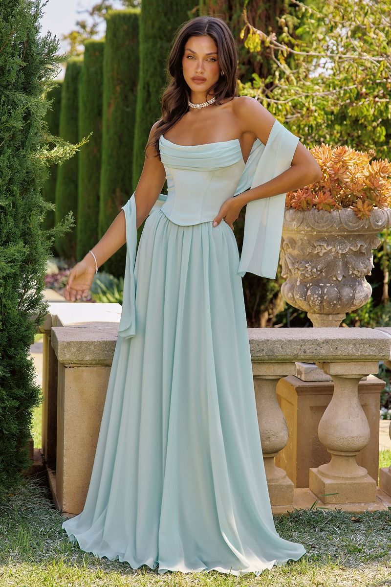 Reese Gown Satin & Chiffon Dress With Scarf
