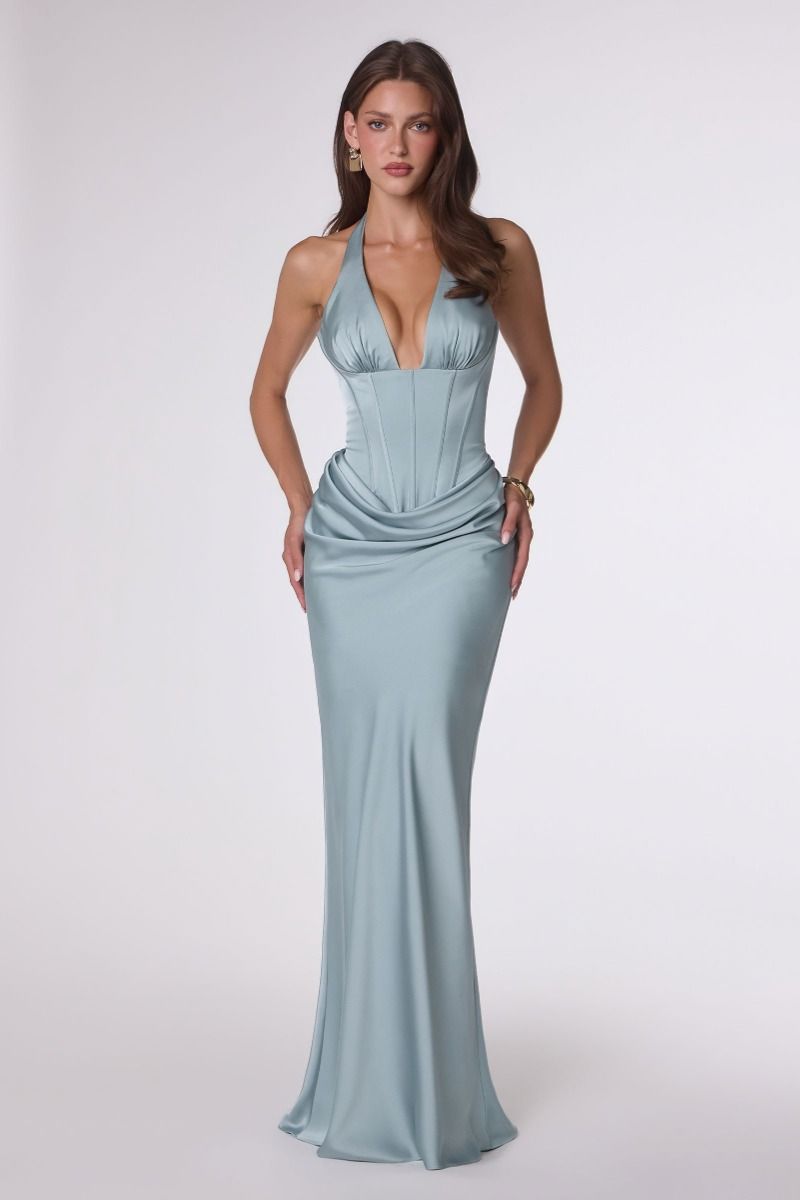 Corinne Gown Plunging Halter Satin Dress