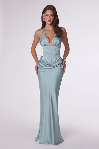 Corinne Gown Plunging Halter Satin Dress