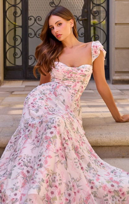 Pink Floral Primrose Gown Chiffon A- Dress