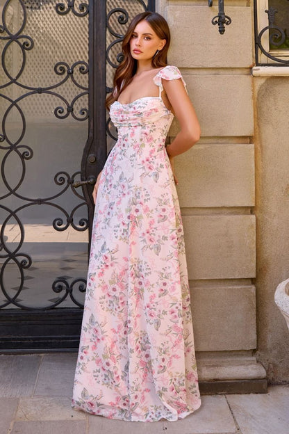 Pink Floral Primrose Gown Chiffon A- Dress