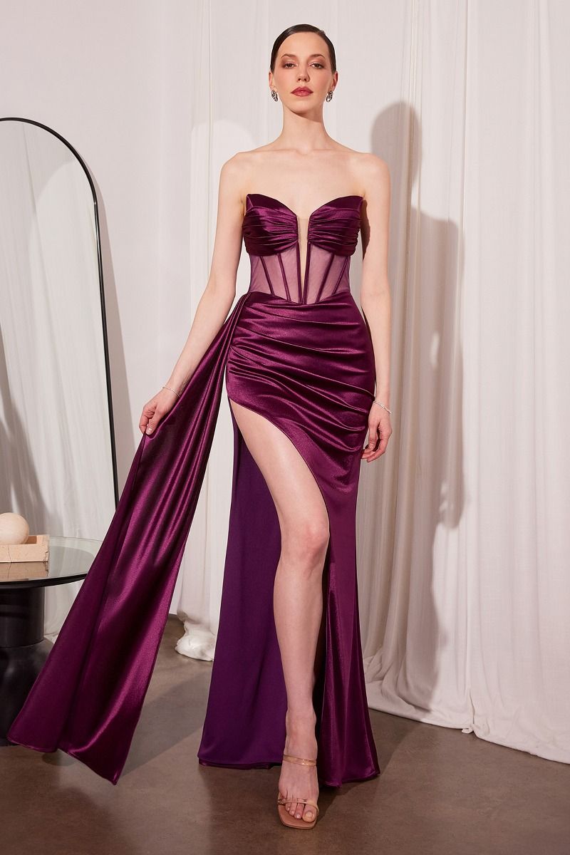 Jamie Gown Satin Gown with Illusion Plunge Neckline
