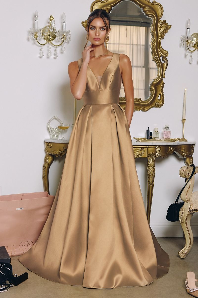 ANDERSYN GOWN MIKADO SATIN A- DRESS WITH POCKETS