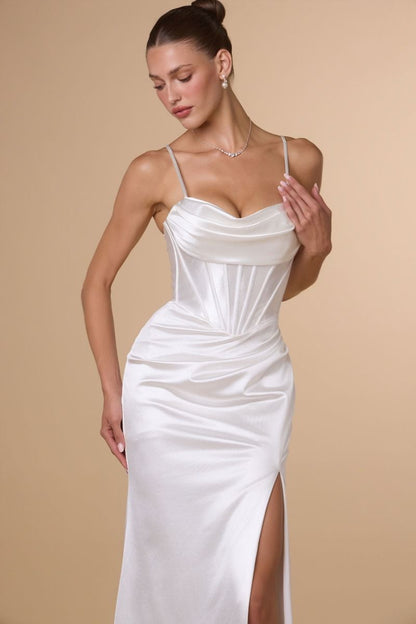 DAWSON GOWN OFF WHITE STRETCH SATIN DRESS