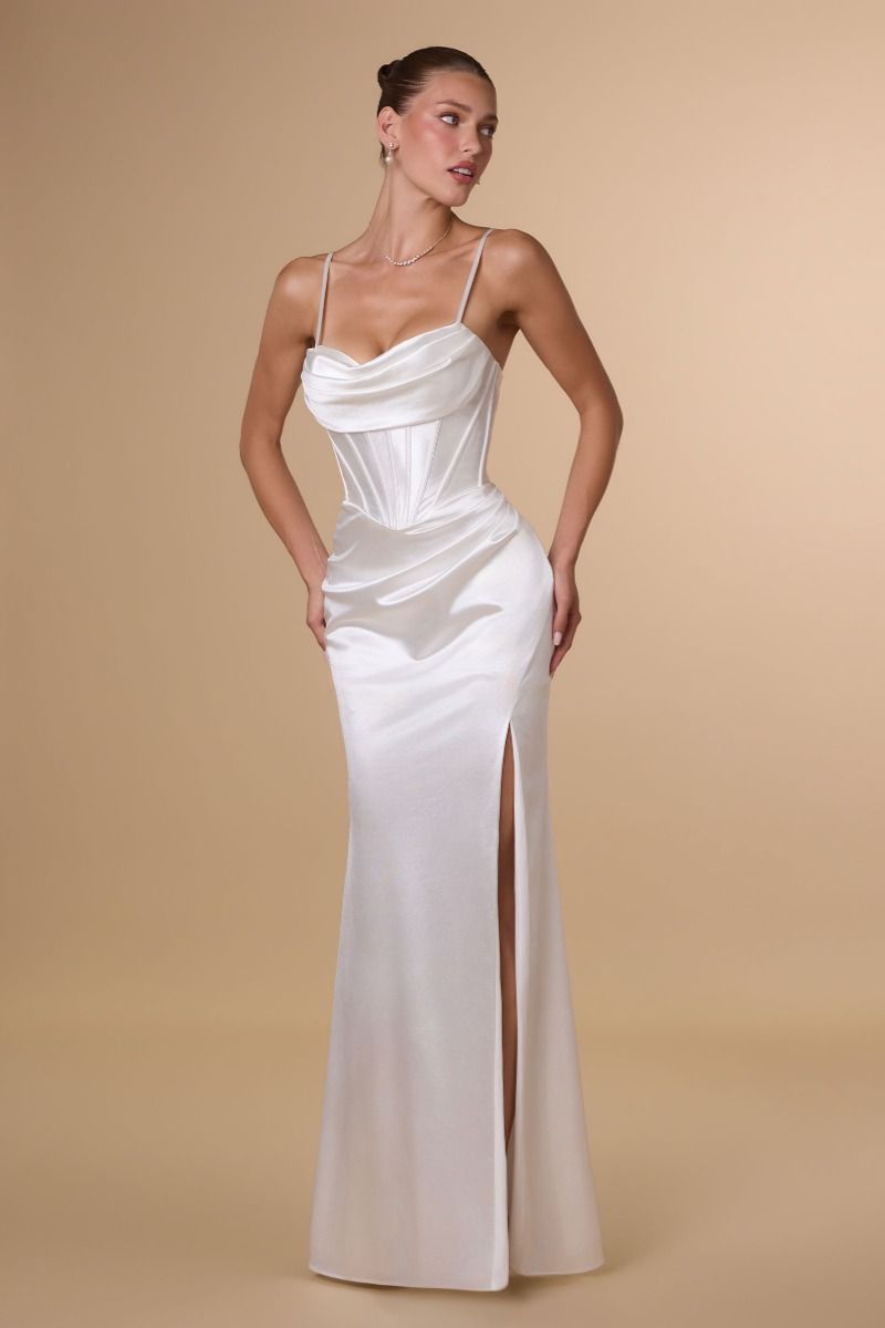DAWSON GOWN OFF WHITE STRETCH SATIN DRESS
