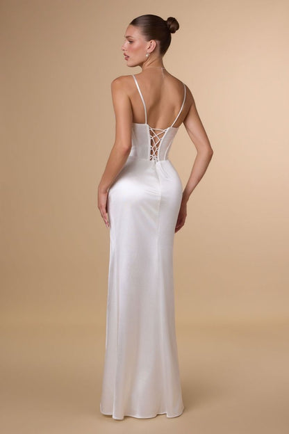 DAWSON GOWN OFF WHITE STRETCH SATIN DRESS