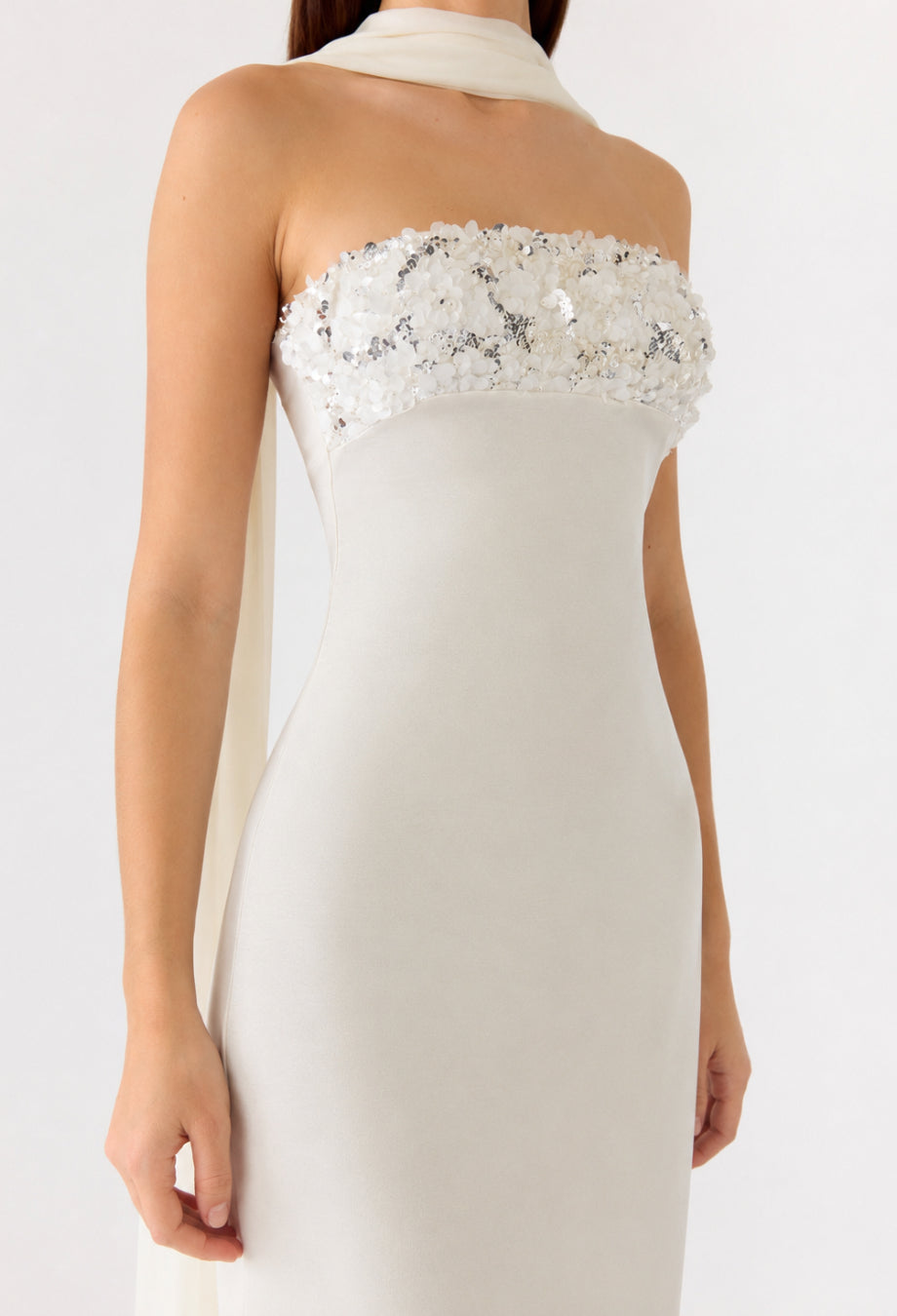 Taylor White Strapless Sequin Maxi Dress with Scarf