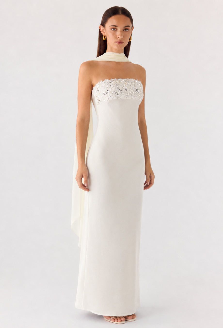 Taylor White Strapless Sequin Maxi Dress with Scarf