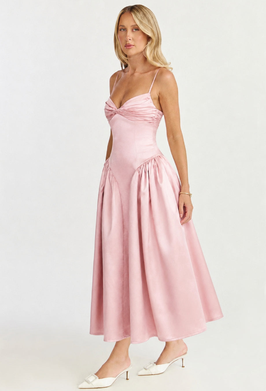 Tullia Satin Ruched Midi Dress Dusty Rose