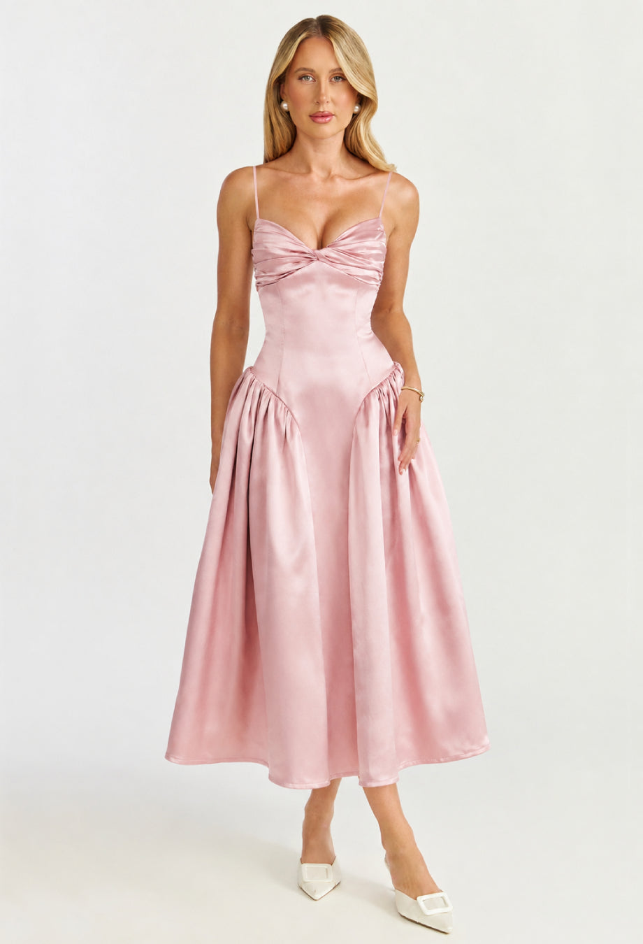 Tullia Satin Ruched Midi Dress Dusty Rose