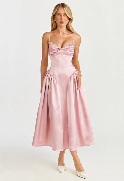 Tullia Satin Ruched Midi Dress Dusty Rose
