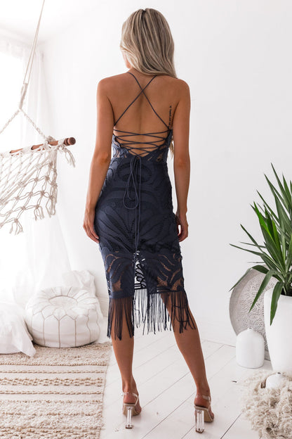 Khaleesi Dress Steel Blue Lace Dress With Fringe FINAL