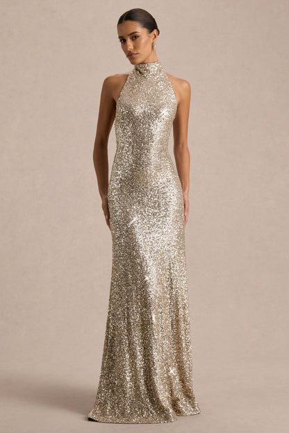 Tulia | Gold Sequin High-Neck Maxi Dress