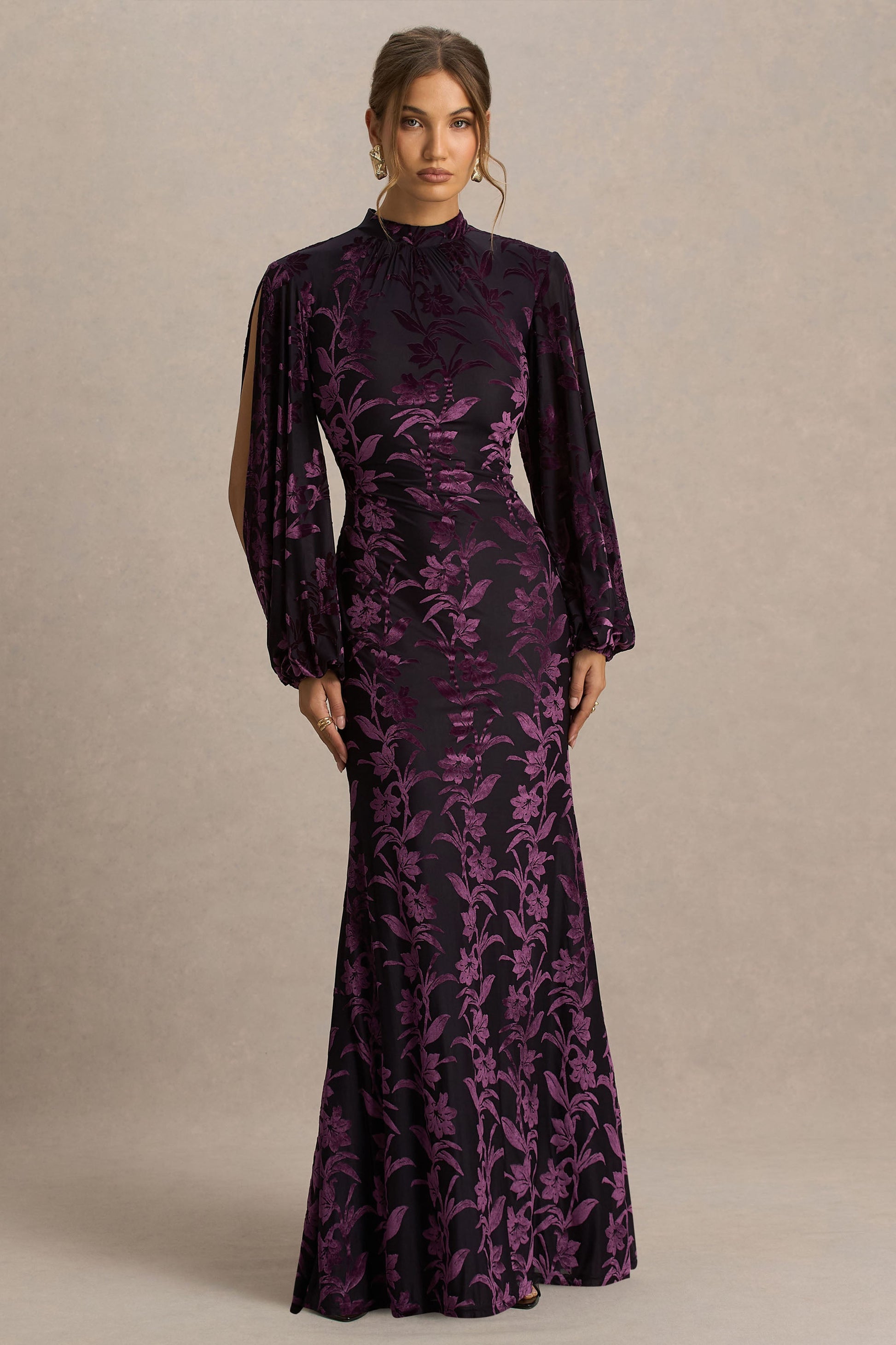 Janet | Black And Purple Devore High-Neck Maxi Dress With Cut-Out Details