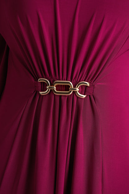 Olessia | Burgundy Belted Gathered Cape-Sleeve Maxi Dress