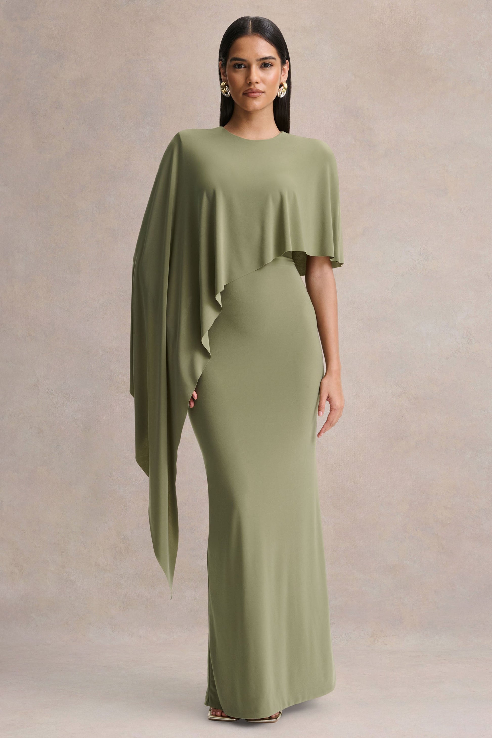 Ravena | Olive Crew-Neck Maxi Dress With Asymmetric-Cape Sleeve