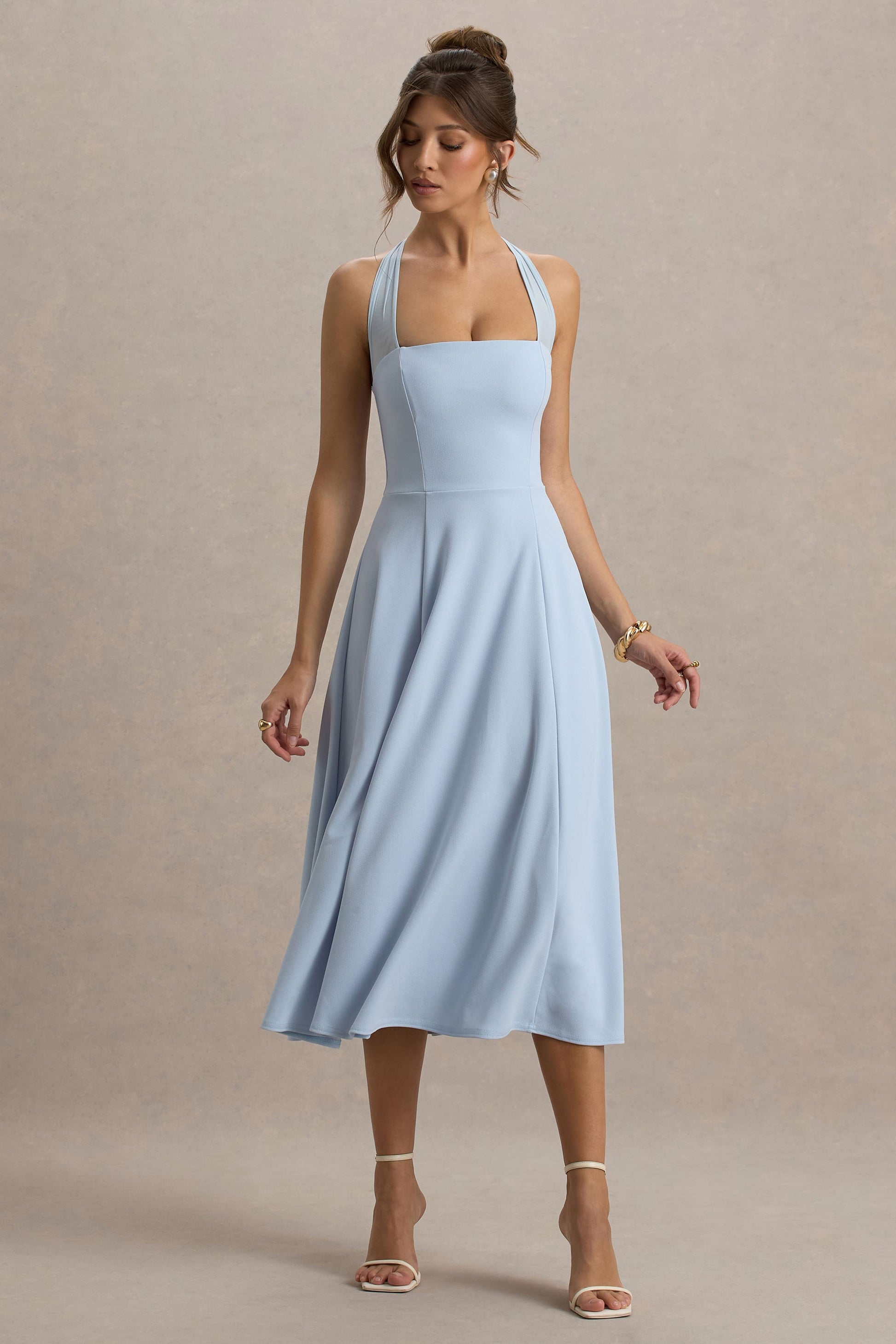 Auburn | Powder Blue Halter Skater Midi Dress