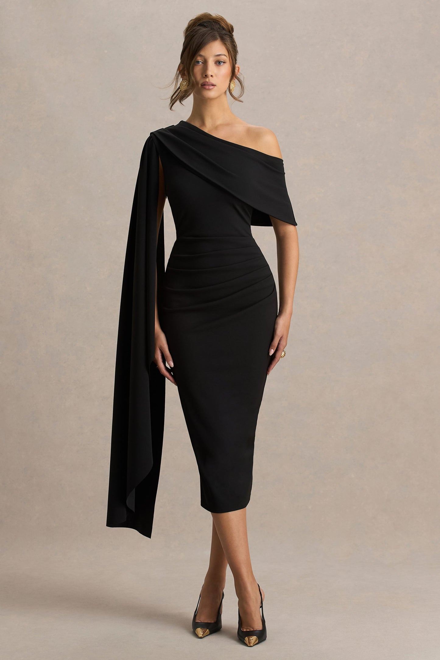 Leah | Black Asymmetric-Neck Midi Dress With Cape-Sleeve
