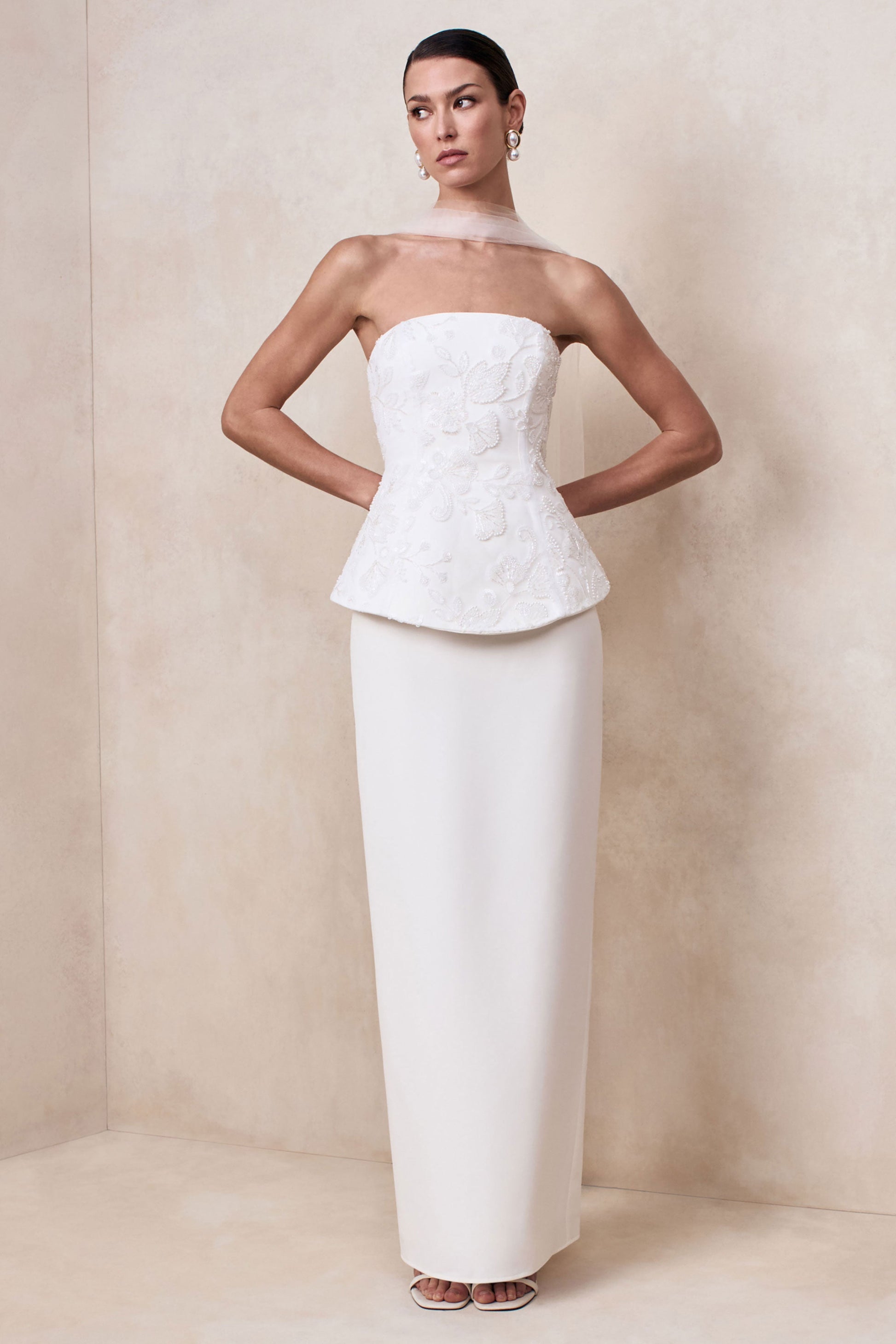 Naira | White Satin Bandeau Corset Maxi Dress With Sheer Scarf