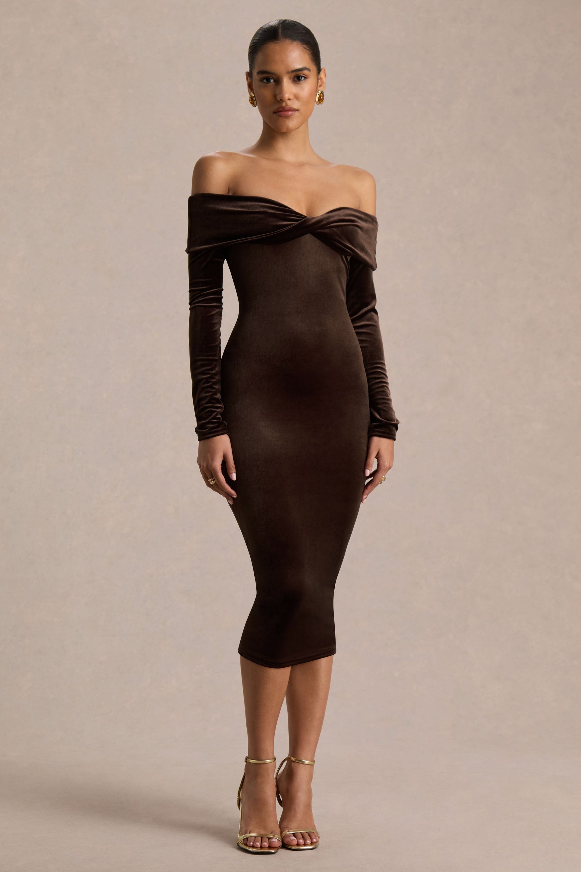 Compliment | Brown Velvet Bardot Midi Dress