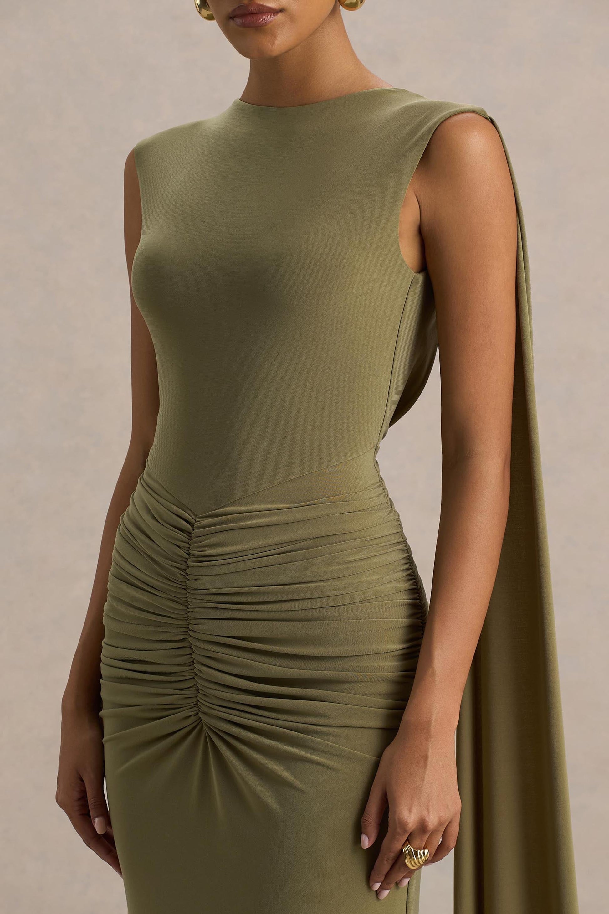 Premiere | Olive Boat-Neck Maxi Dress With Cape-Sleeves And Open-Back