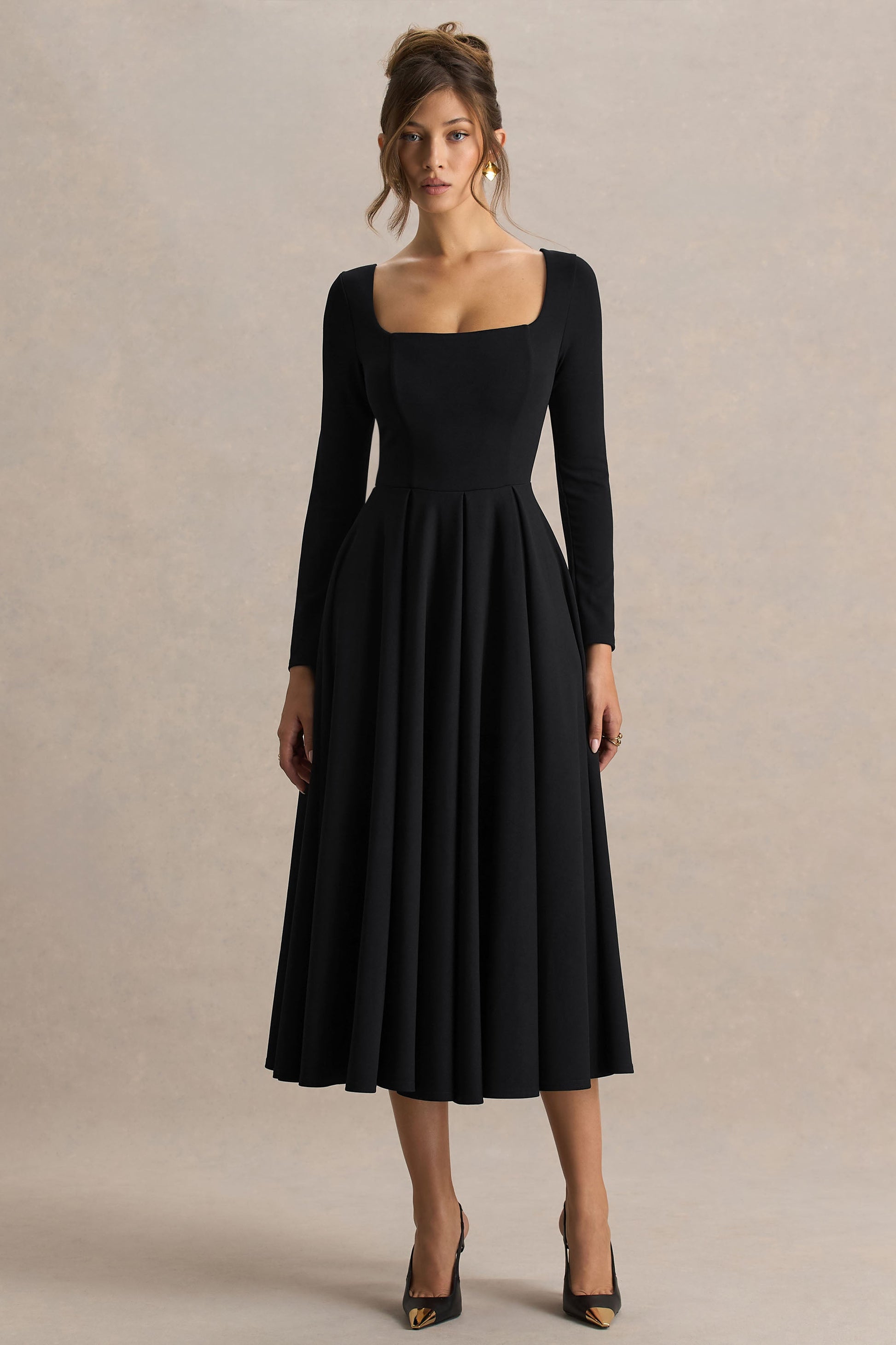 Alison | Black Square-Neck A- Midi Dress